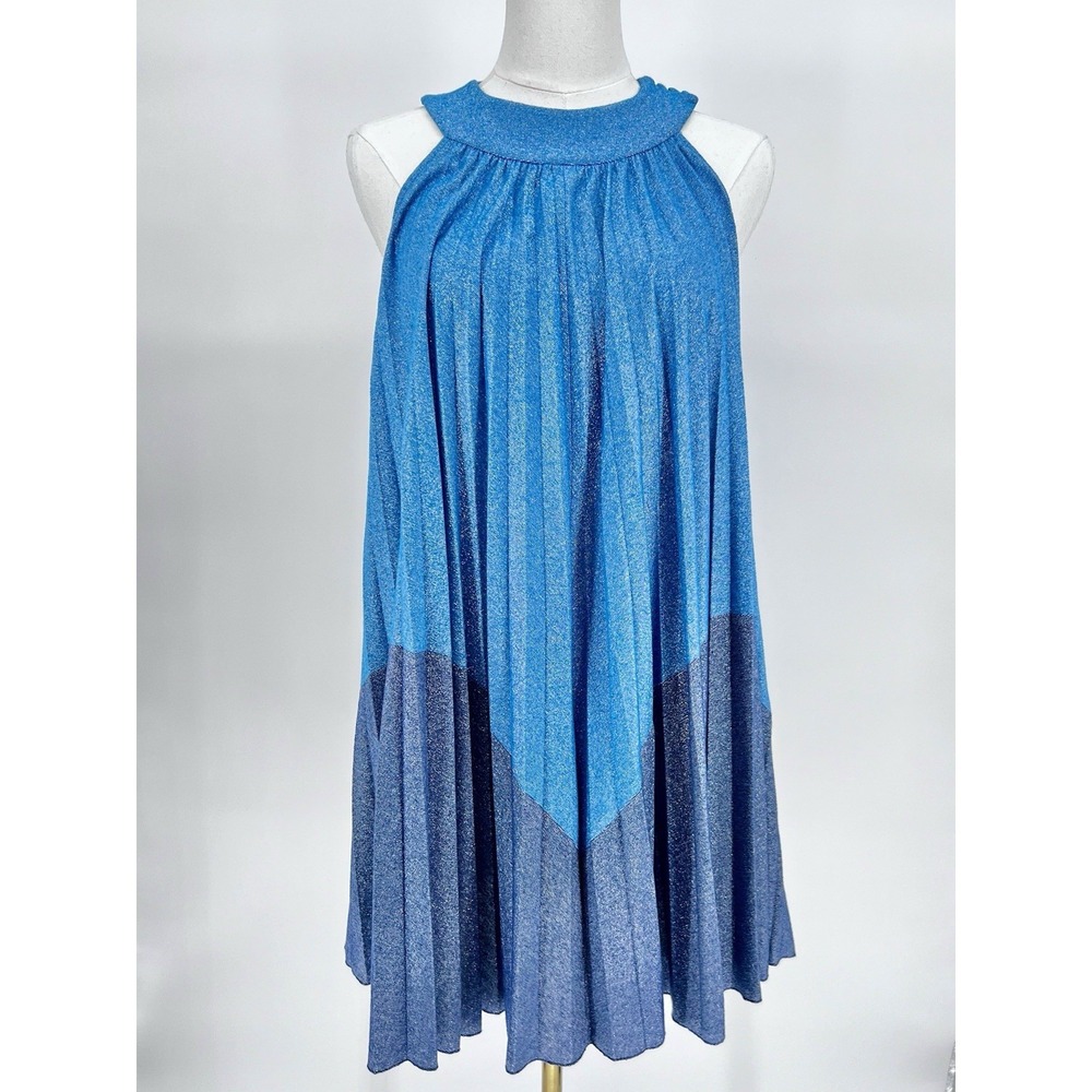 Free People Women's Pleated Love Metallic Mini Dress, Blue, XS Babydoll Style - Picture 3 of 14